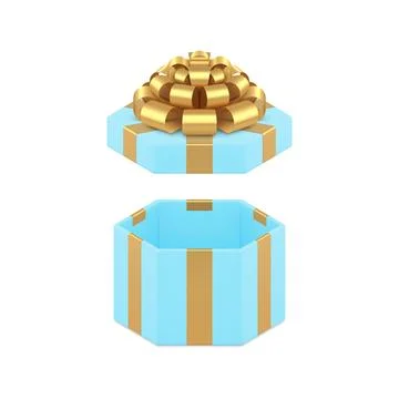 Luxury blue hexagonal festive open gift box with glossy golden bow ribbon 3d  Stock Illustration