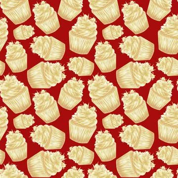 Luxury bright pattern on red background, golden cupcakes, pastry shop seamles Stock Illustration