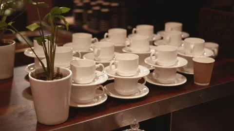 Luxury Buffet Table with White Coffee Cups Ready for Guests Stock Footage 341655094