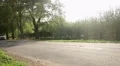 Luxury car driving slowly by beautiful sunlit green garden, exhaust fumes in air HD Footage