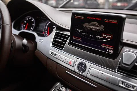 Luxury car interior with dashboard touchscreen display Stock Photos