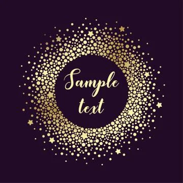 Luxury card with round frame of different sized golden dots and stars on a pu Stock Illustration