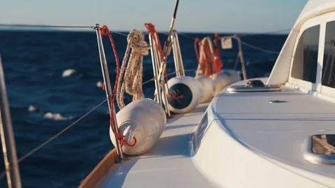 Luxury catamaran sailing race through deep blue Aegean sea Stock Footage 82806858