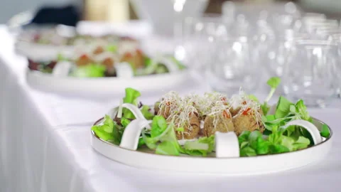 Luxury catering service table on exit party outdoors at restaurant reception Stock-Footage 264053987