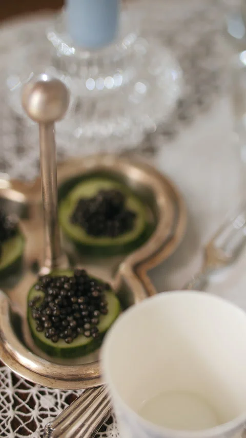 Luxury Caviar Appetizers on Silver Tray with Elegant Table Decor Stock Footage 321307999