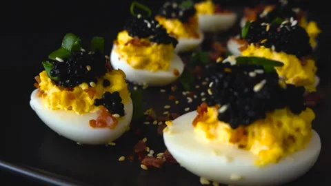 Luxury Caviar Deviled Eggs Gourmet Appetizer Close Up 스톡 동영상 330233665