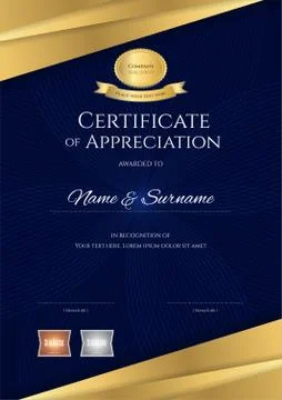 Luxury certificate template with elegant blue and golden border frame, Diplom Stock Illustration