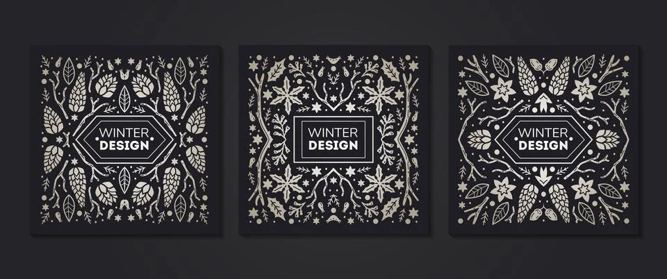 Luxury Christmas frames set, abstract sketch winter design templates for package 库存插图