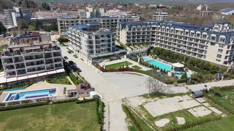 Luxury Coastal Hotel Complex Captured From Scenic Aerial Drone Perspective Today Stock Footage 332939210