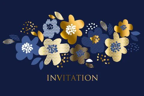 Luxury concept floral pattern with geometric texture in deep blue and gold co Stock Illustration