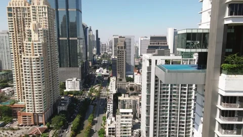 Luxury condo infinity pool with view of Chong Nonsi Skywalk, Bangkok, Thailand Stock Footage 308212526