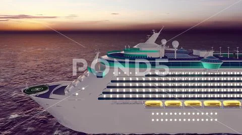 Luxury cruise ship sailing from the port at sunrise across the ocean. Beautiful Stock Illustration
