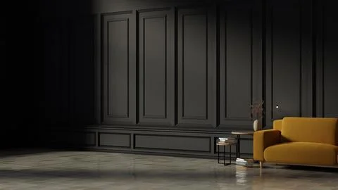 Luxury dark grey classical wall paneling with yellow sofa. Stock Illustration
