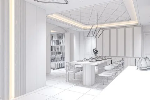 Luxury dining room decor 3d rendering modern dining room and living room desi Stock-Illustration