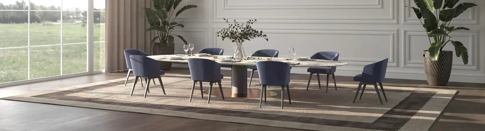 Luxury dining room with sun light and nature view . Table with service and Stock Illustration