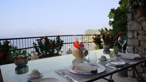 Luxury Dinner Setting Overlooking Ocean Stock Footage 114578536