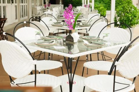 Luxury dinner tables sets outside restaurants, thailand. Stock Photos