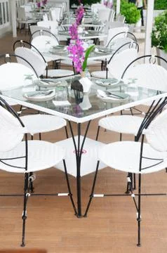 Luxury dinner tables sets outside restaurants, thailand. Stock Photos