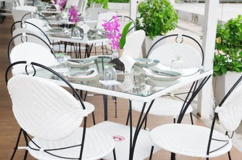 Luxury dinner tables sets outside restaurants, thailand. Stock Photos