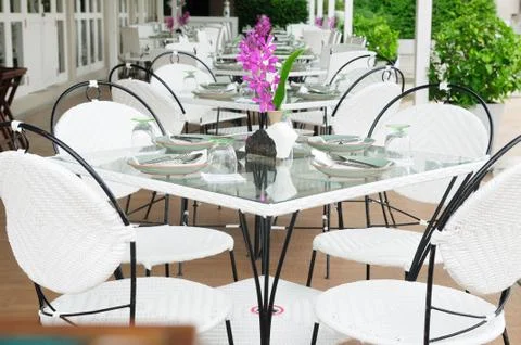 Luxury dinner tables sets outside restaurants, thailand. Stock Photos