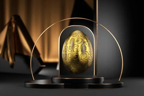 Luxury Easter card. Golden Easter egg with circular patterns. 3d render. Stock Illustration