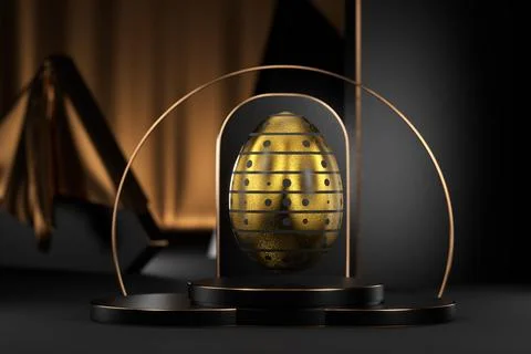 Luxury Easter card. Golden Easter egg with black lines. 3d render. Stock Illustration