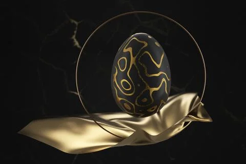 Luxury Easter card. Golden egg with a pattern on a dark background. 3d render 스톡 일러스트