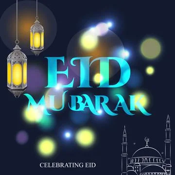 Luxury Eid Mubarak Background with Vibrant Bokeh Lights and Traditional Lan.. Stock Illustration