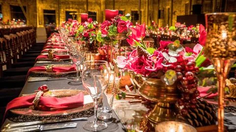 Luxury elegant table setting dinner in a restaurant Stock Photos