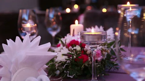 Luxury expensive table serving for romantic dinner with candles Stock Footage 68888953
