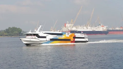 Luxury ferry sailing in river during morning, tracking scene. Stock Footage 111445148