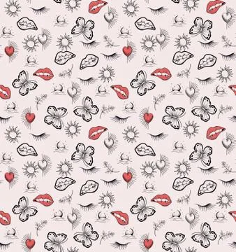 Luxury floral pattern with red lips and hearts. Stock Illustration