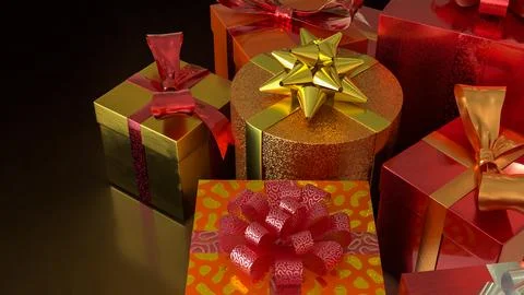 Luxury Gift Boxes with Golden and Red Ribbons 3d render. Stock Illustration