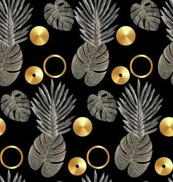 Luxury gold and black tropical plant seamless background vector. Floral pattern Stock Illustration
