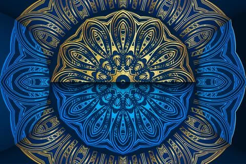 Luxury Gold Blue Mandala Pattern Background Islamic Geometric Ornament Design Stock-Illustration