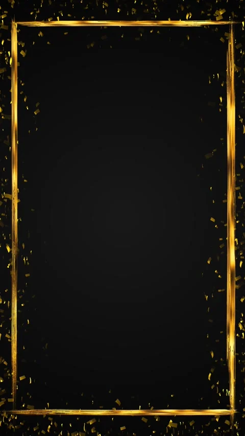Luxury gold brush border template black empty center, scattered metallic confett Stock Footage 340470199