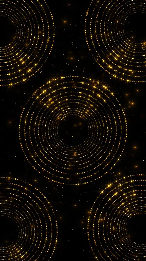 Luxury gold circle pattern rings, warm sparkle particles, dark copy space Stock Footage 334121251