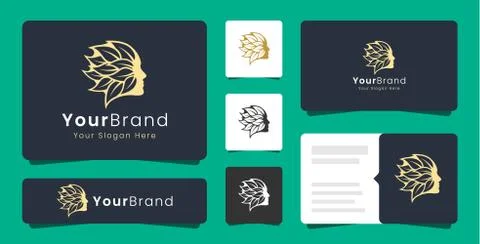 Luxury gold face and leaf logo Stock Illustration