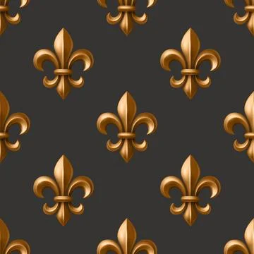 Luxury Gold Fleur-de-Lis Seamless Pattern on Black Background, Vector イラスト素材