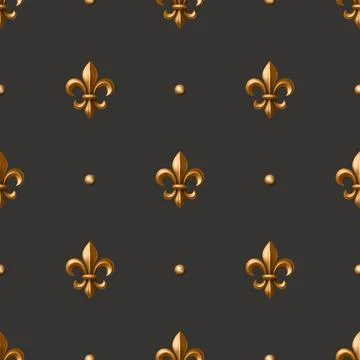 Luxury Gold Fleur-de-Lis Seamless Pattern on Black Background, Vector イラスト素材