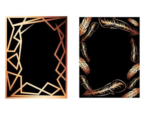 Luxury gold frame set feather and geometric greeting card wedding invitation  Stock Illustration