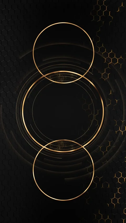 Luxury gold hexagon tech interface honey pattern, circular HUD rings, metallic Stock Footage 334124089
