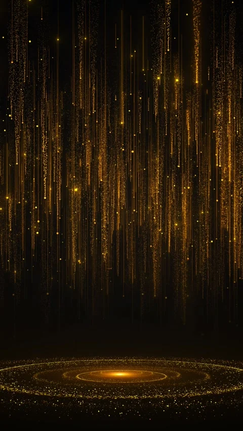 Luxury gold rain stage visual circular platform, vertical glitter streams, float Stock Footage 340470142