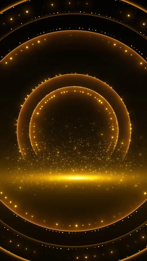 Luxury gold ring stage layered circular arches, bright base glow, floating bokeh Stock Footage 340452259