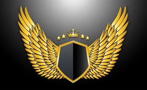 Luxury golden shield empty logo with crown and wings ornament Stock Illustration