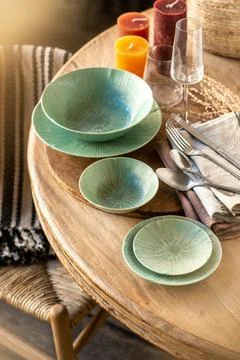 Luxury Green Ceramic Dinnerware Set on Rustic Wooden Table Stock Photos