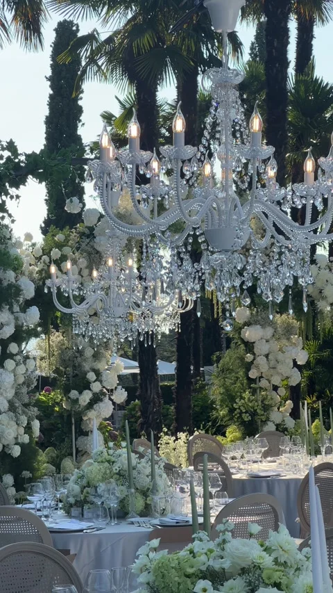 Luxury green white classical wedding decor on Italian historic villa in Sirmione Stock Footage 297868448