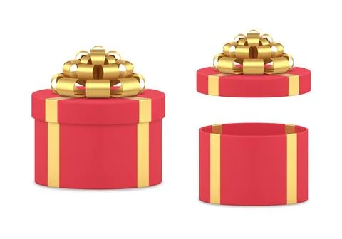 Luxury greeting red gift boxes with open and closed cap set 3d design realist Stock Illustration