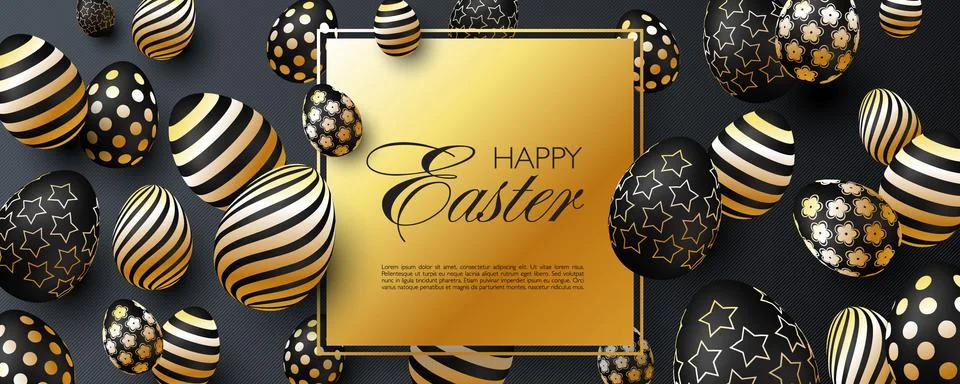 Luxury Happy Easter website header or banner template with 3D black golden eggs 스톡 일러스트