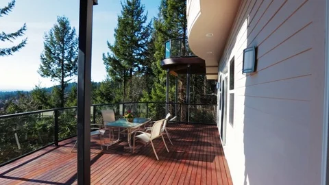 Luxury Home Deck View Pan Sunny Day 2 Stock Footage 73217026
